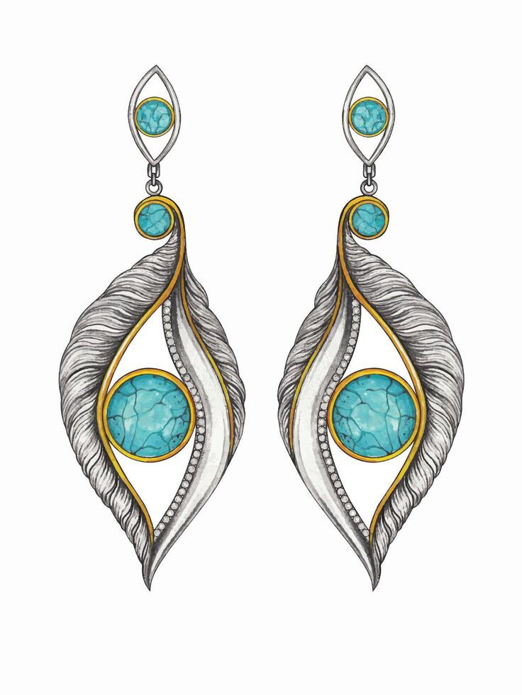 Feather eye fancy earrings jewelry design hand drawing and make graphic . vector