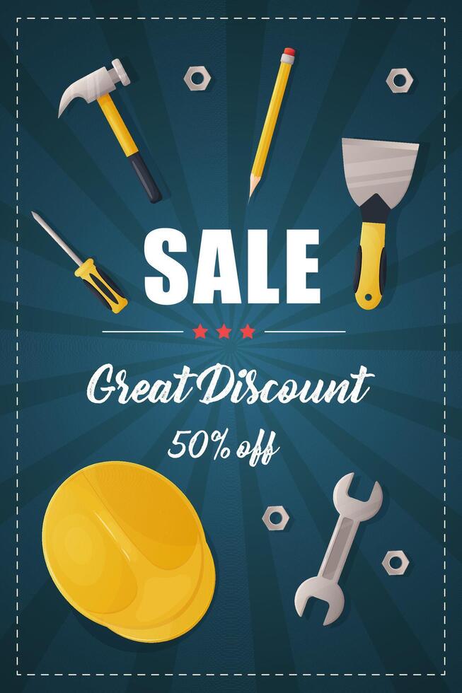 Banner, discount poster, sale, happy labor day, advertising blue background and construction tools. vector
