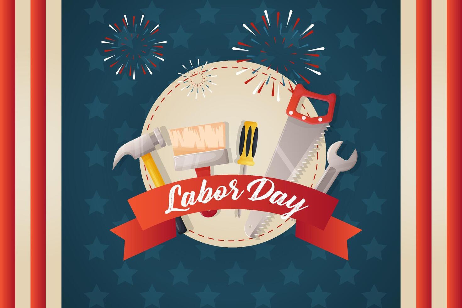 Labor Day, blue background, American fireworks and building tools and the usa flag vector