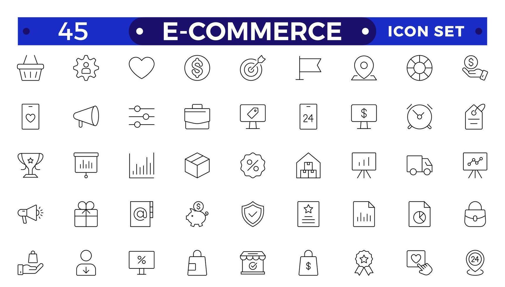 E-commerce outline icon set. Online shopping and delivery elements.E-Commerce set of in-line style. for mobile apps. Business, shop, digital marketing, bank card, gifts, sale, delivery,money,discount vector