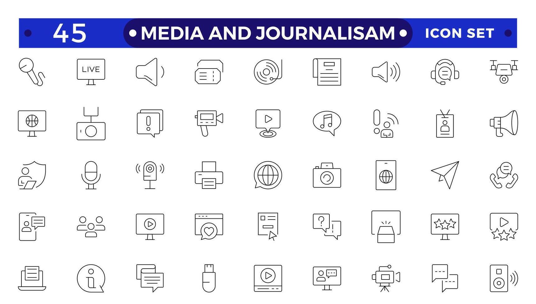 Journalism and mass media outline icon set. Containing microphone, journalist, press conference, newspaper social networks, public communication, and networking. vector