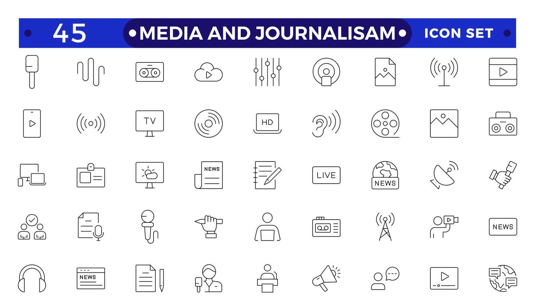 Journalism and mass media outline icon set. Containing microphone, journalist, press conference, newspaper social networks, public communication, and networking. vector