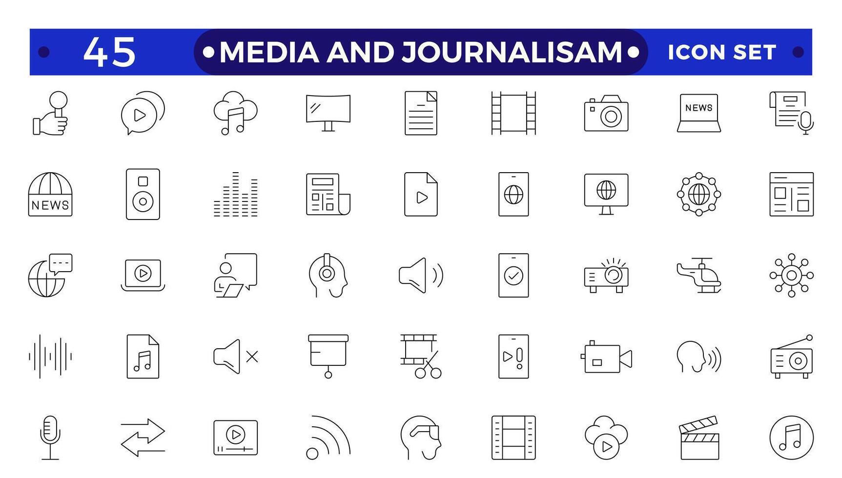 Journalism and mass media outline icon set. Containing microphone, journalist, press conference, newspaper social networks, public communication, and networking. vector