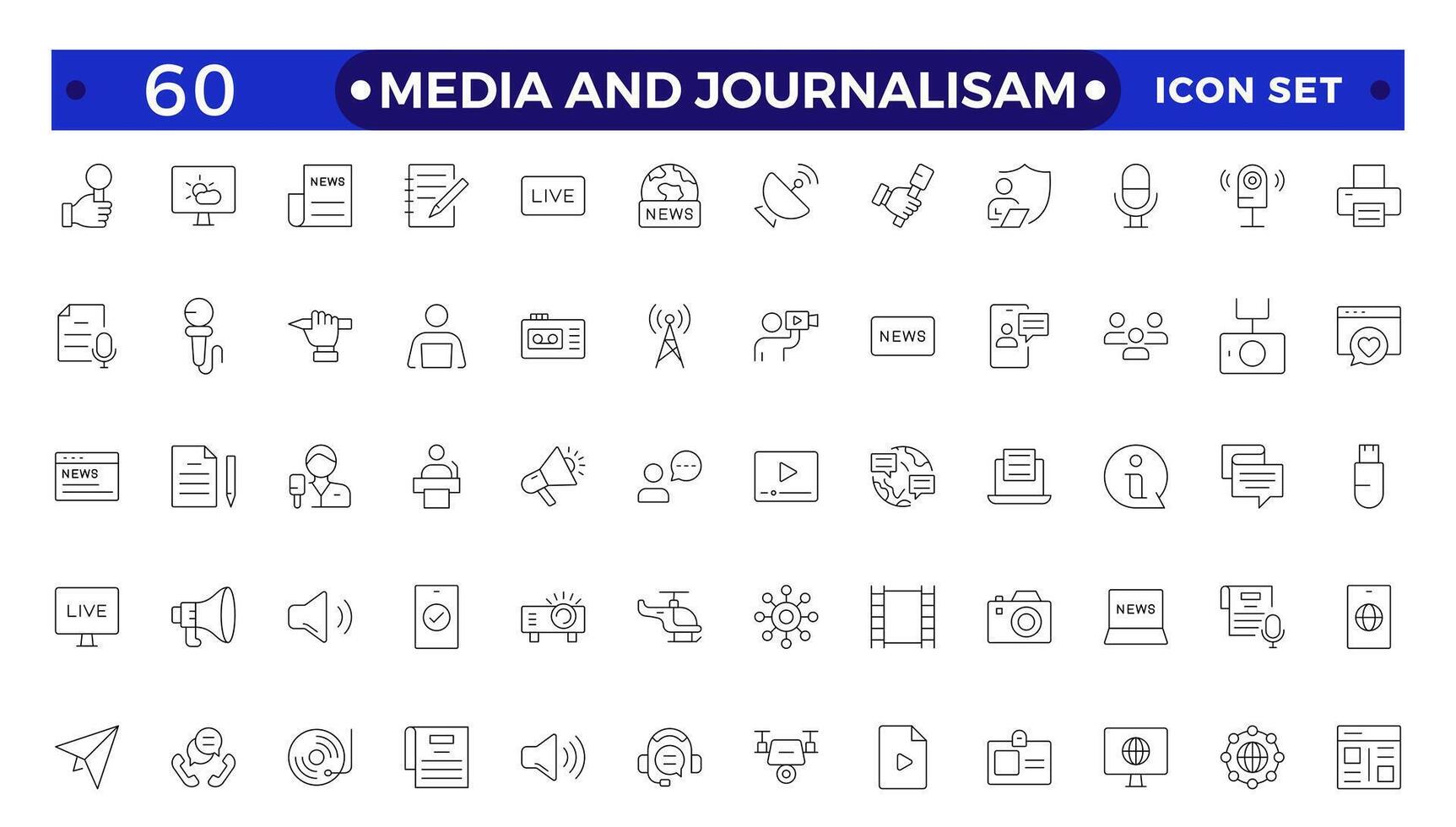 Journalism and mass media outline icon set. Containing microphone, journalist, press conference, newspaper social networks, public communication, and networking. vector