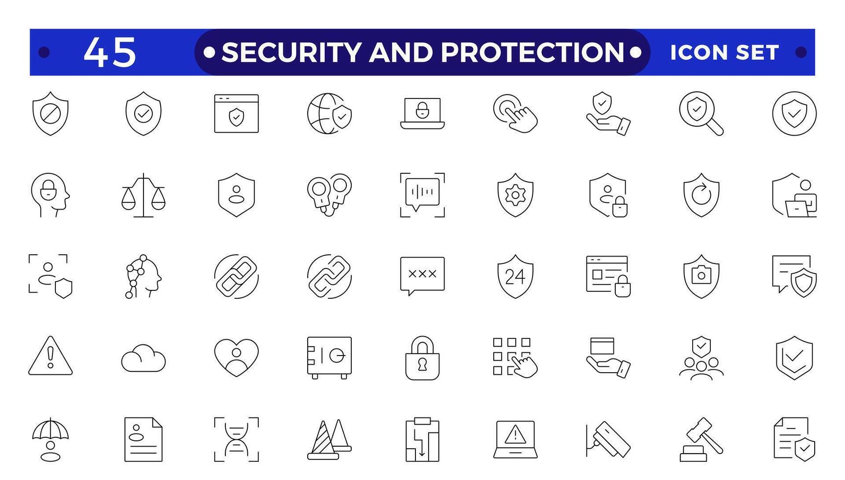 Security and Protection outline icon set. Data protection symbol. Secured network icon collection.Safety, security, protection thin line icons.For website marketing design, logo, app, UI, etc. vector