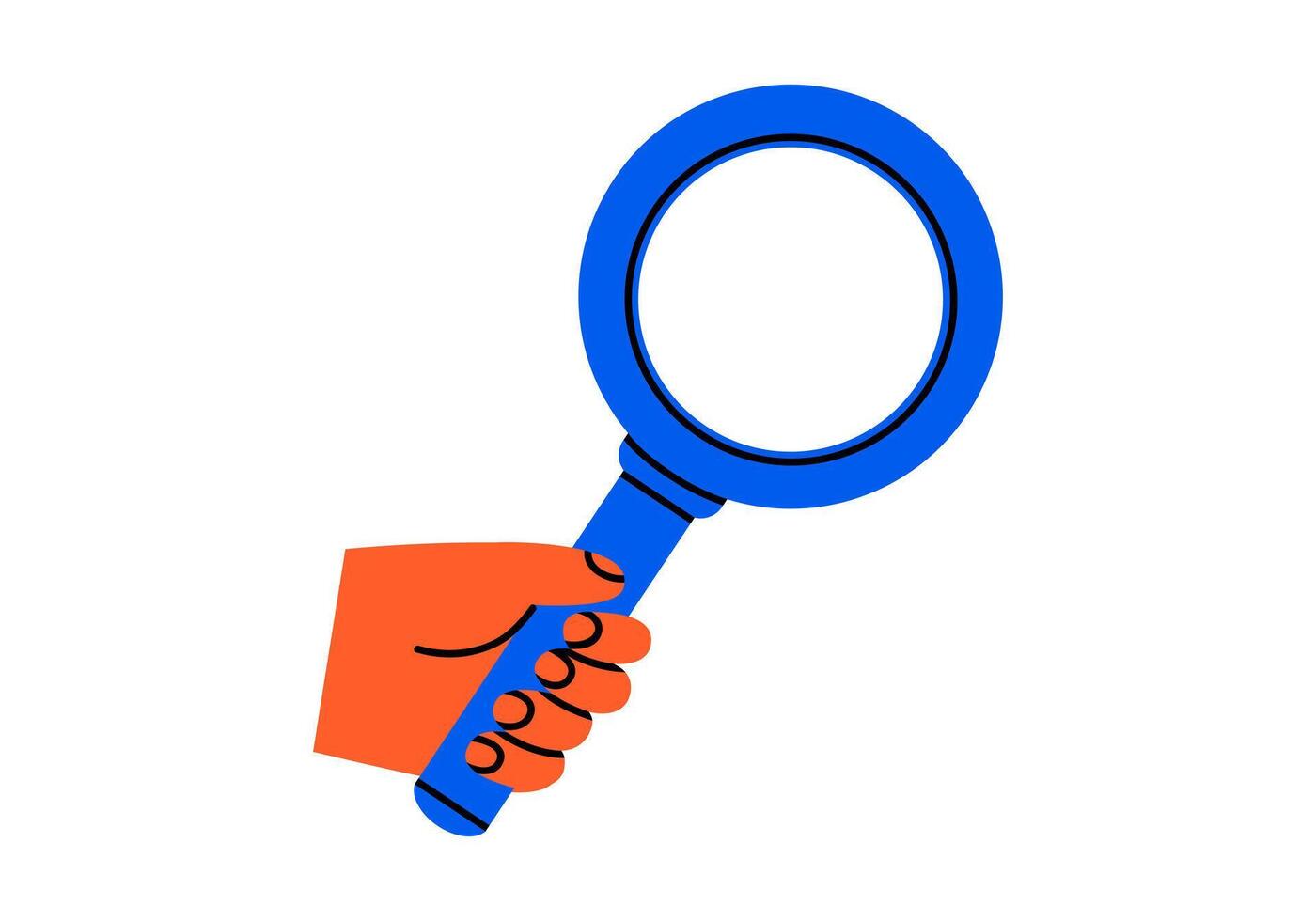 Hand drawn cute cartoon illustration hand holding magnifying glass. Flat searching optical tool in human arm sticker doodle style. Discover or explore opportunity icon. Data analysis. Isolated. vector