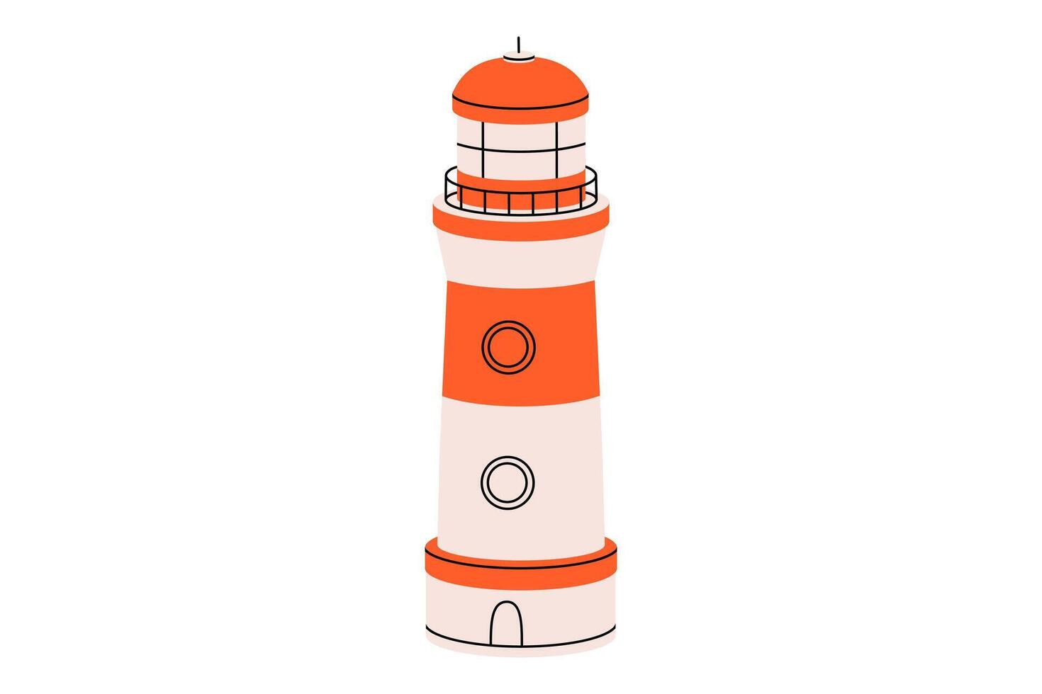 Hand drawn cute cartoon illustration of lighthouse. Flat direction choice in doodle style. Support or help in ocean icon. Navigation tower. Strategy solution. Way decision. SOS. Isolated. vector