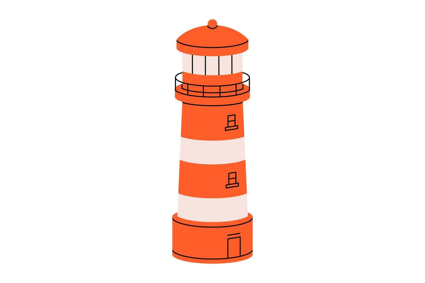 Hand drawn cute cartoon illustration of lighthouse. Flat direction choice in doodle style. Support or help in ocean icon. Navigation tower. Strategy solution. Way decision. SOS. Isolated. vector