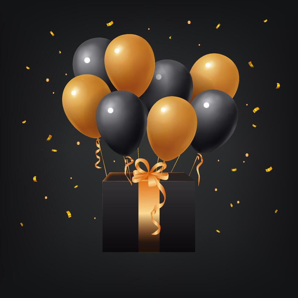 Yellow black balloons on a black background are tied to the gift box vector