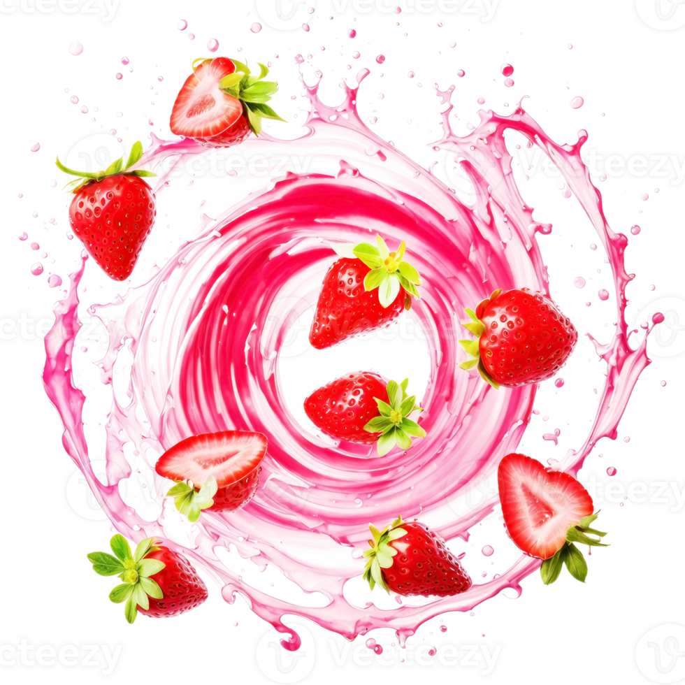 Pink smoothie splash swirl circular strawberry slices floating on transparent background.. png