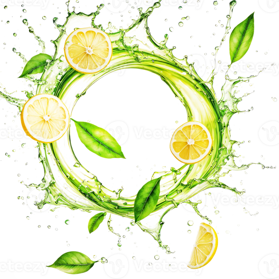 Green tea splash circular swirl lemon slices floating on transparent background.. png