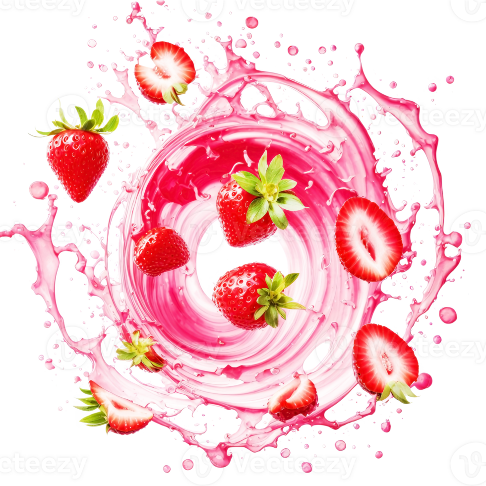 Pink smoothie splash swirl circular strawberry slices floating on transparent background.. png