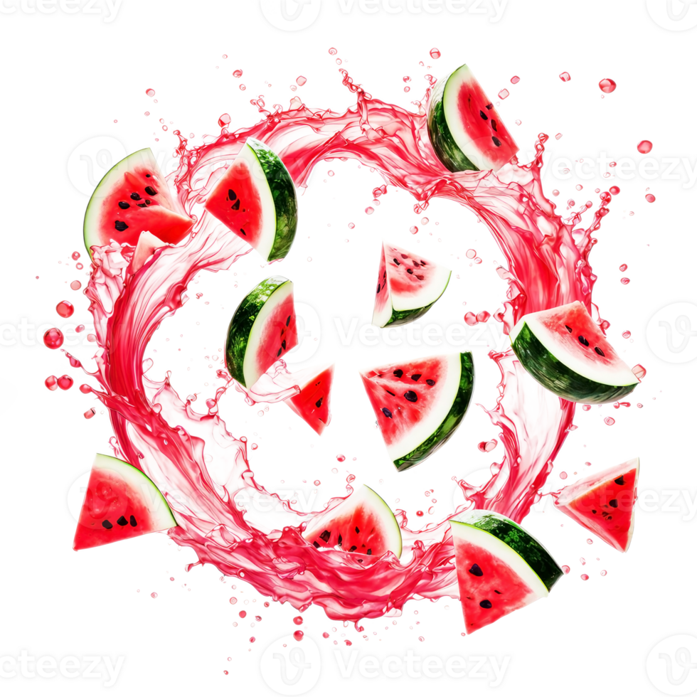 Watermelon juice splash swirl circular watermelon slices floating on transparent background.. png
