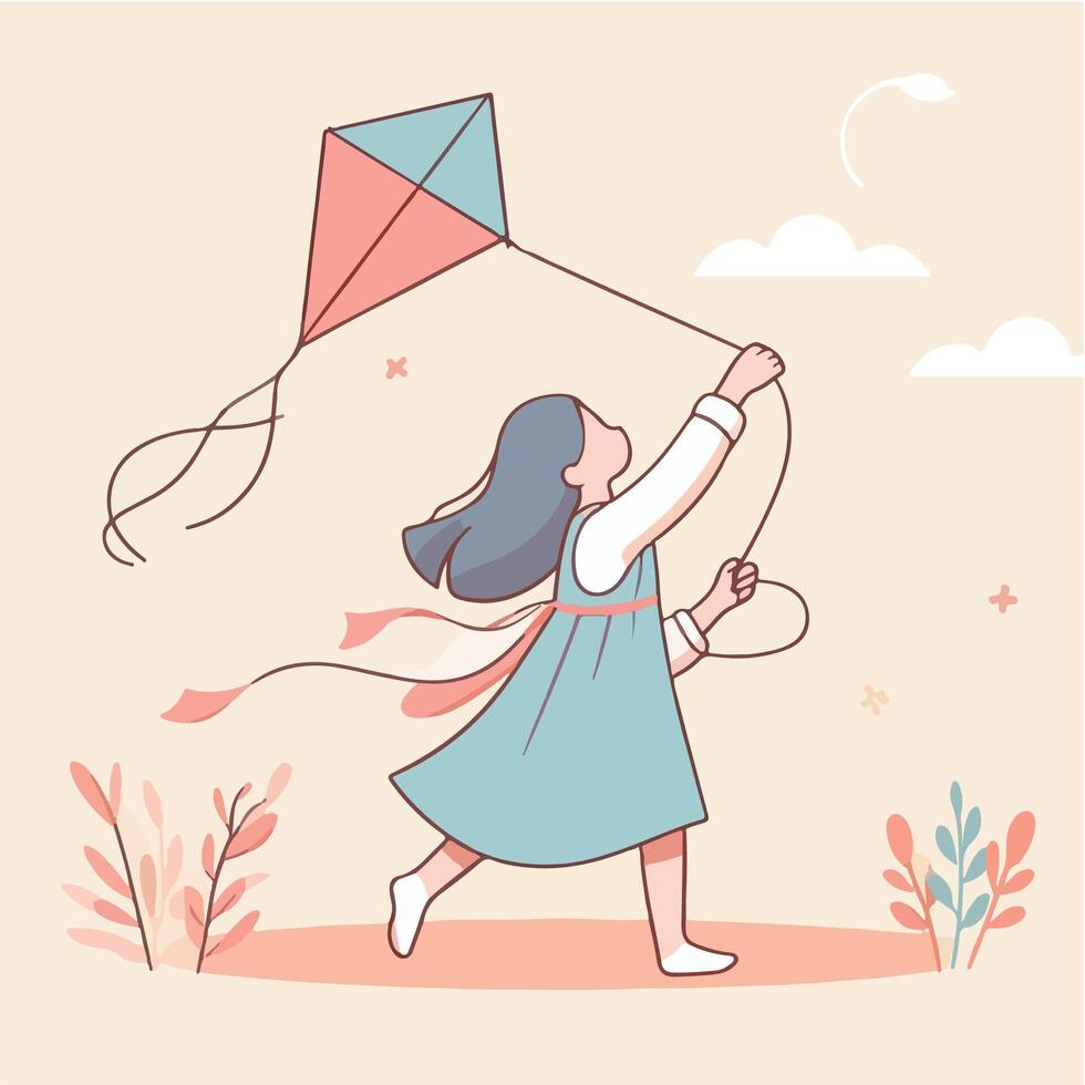illustration of a child playing kite vector