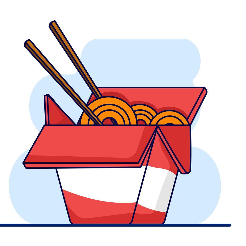 Cute Noodle Box Cartoon, Asian food character concept, noodles, wok box, Noodle Box with Chopsticks. Isolated Premium Food Object Icon. Flat Cartoon Style. vector