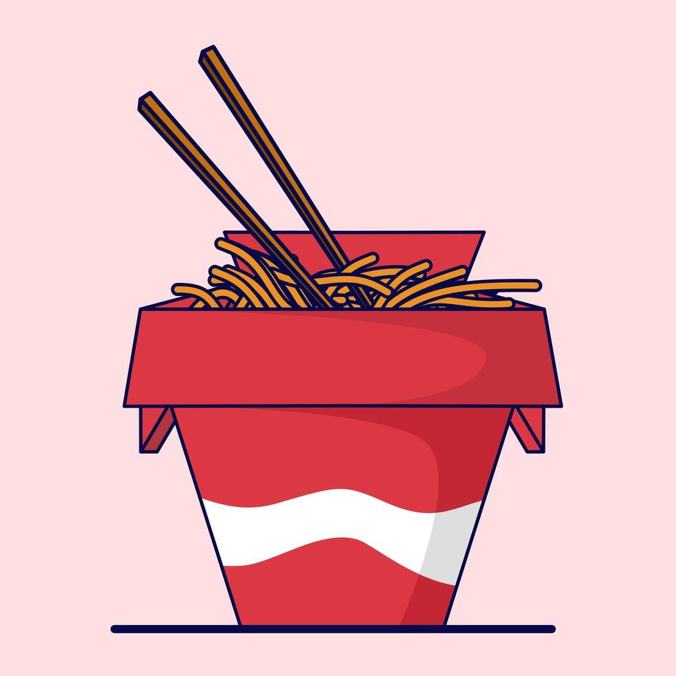 Cute Noodle Box Cartoon, Asian food character concept, noodles, wok box, Noodle Box with Chopsticks. Isolated Premium Food Object Icon. Flat Cartoon Style. vector