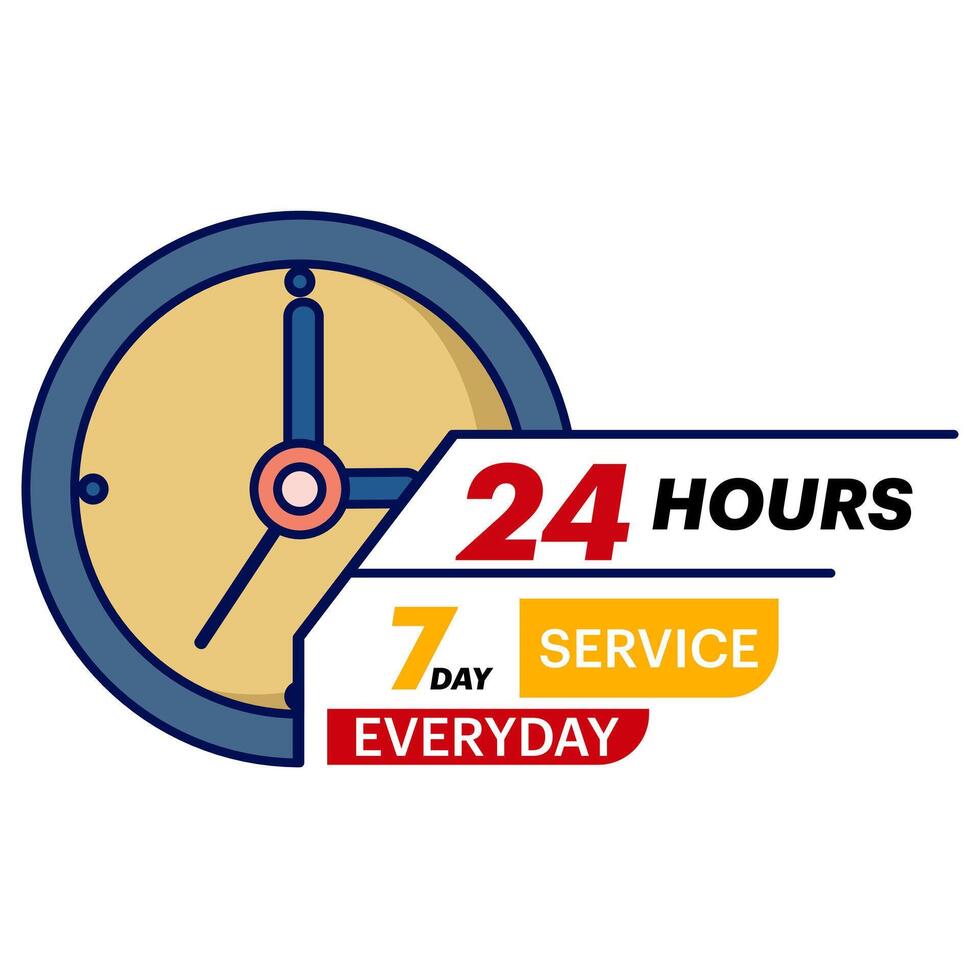 customer service concept, serving customers every day, 24 7 hour service in flat style. Fast service time sign business concept. All day business and service illustration on isolated background. vector