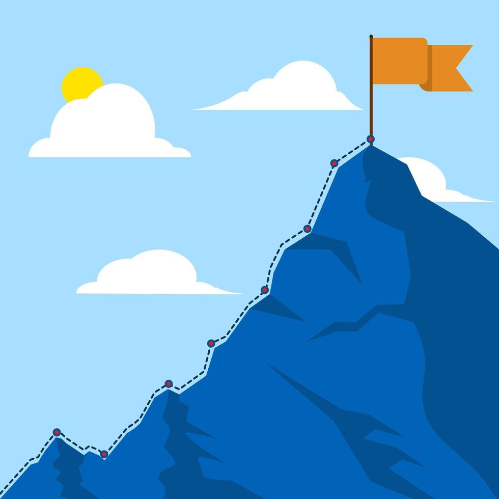 Concept of business mission, career peak. mountain with a flag on it, Mountain climbing path to the top. The business journey path runs towards success. Mountain peak, climbing route to the top. vector