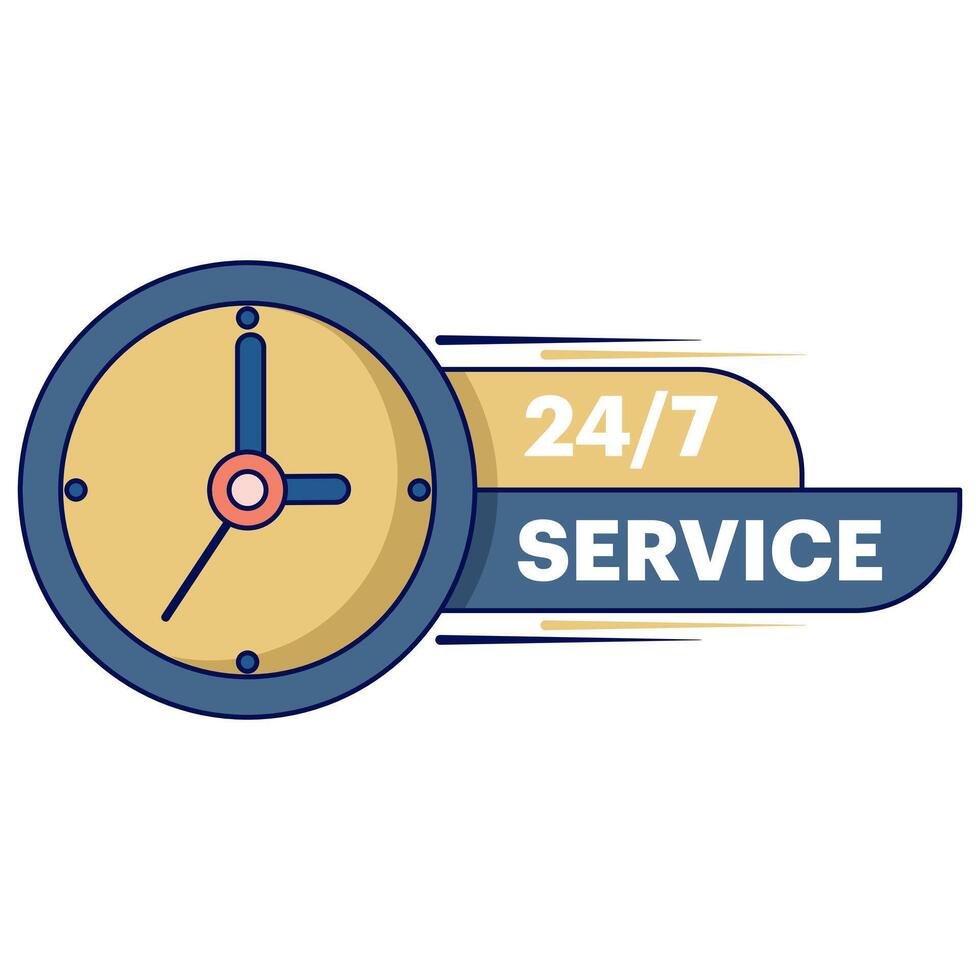 customer service concept, serving customers every day, 24 7 hour service in flat style. Fast service time sign business concept. All day business and service illustration on isolated background. vector