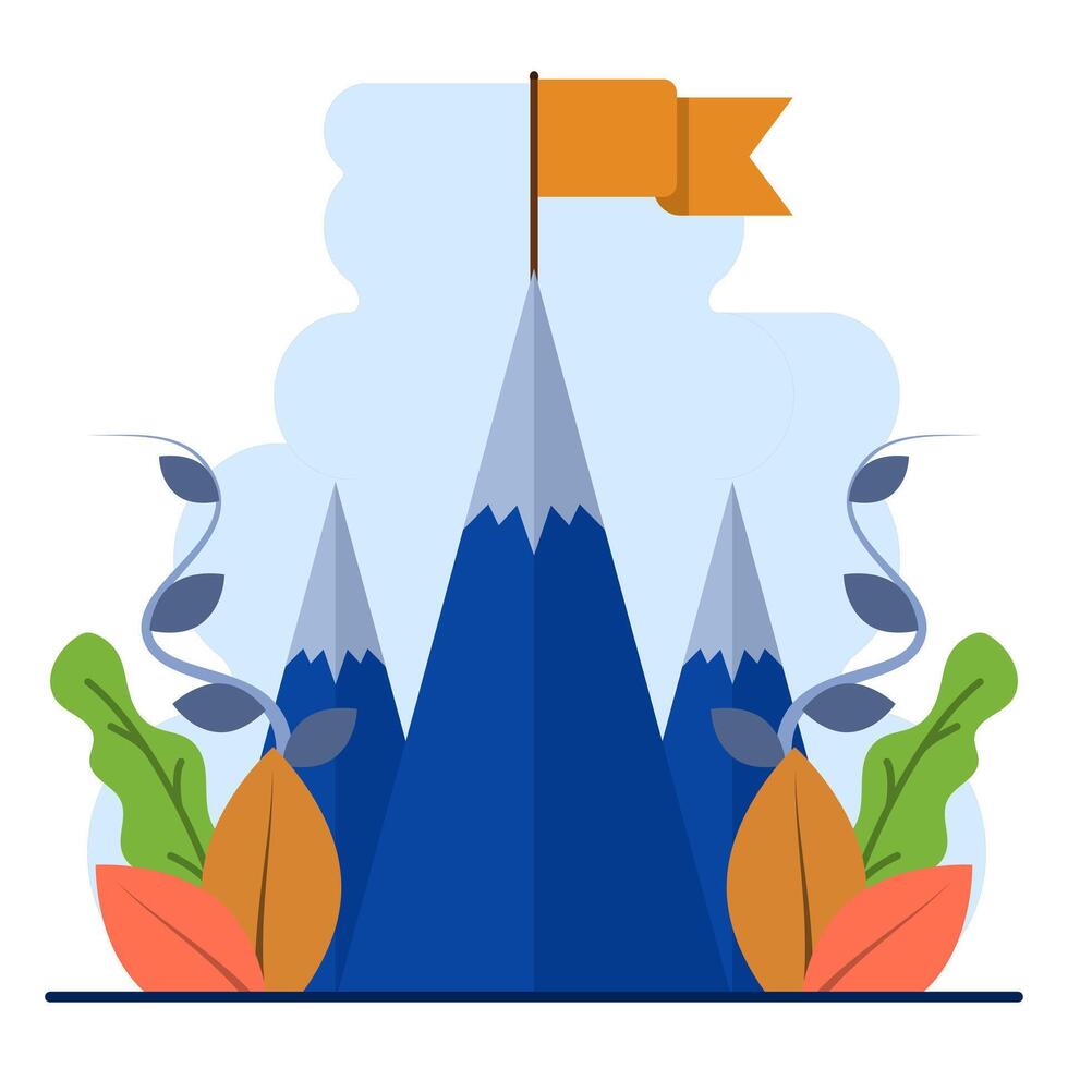 Concept of business mission, career peak. mountain with a flag on it, Mountain climbing path to the top. The business journey path runs towards success. Mountain peak, climbing route to the top. vector