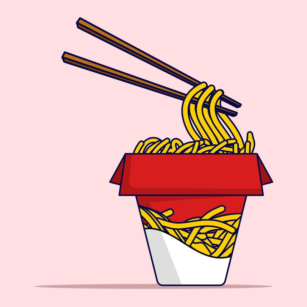 Cute Noodle Box Cartoon, Asian food character concept, noodles, wok box, Noodle Box with Chopsticks. Isolated Premium Food Object Icon. Flat Cartoon Style. vector