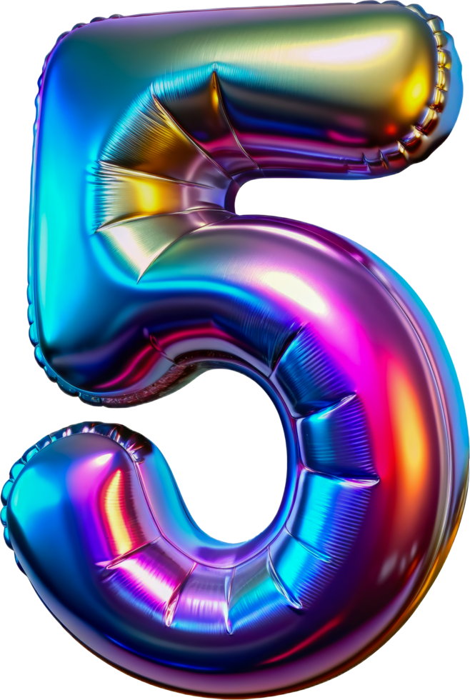 Rainbow number five balloon, cut out - stock 3d. png