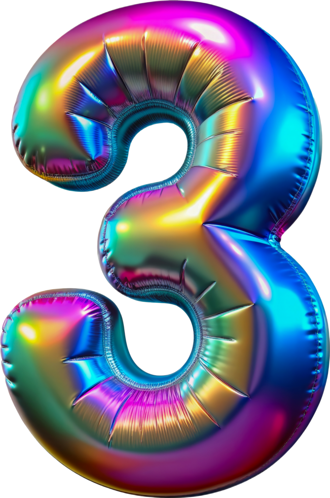 Rainbow number three balloon, cut out - stock 3d. png