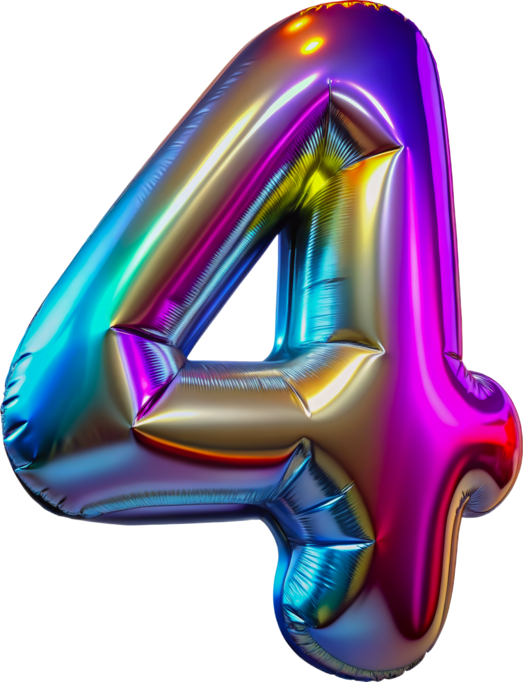 Rainbow number four balloon, cut out - stock 3d. png