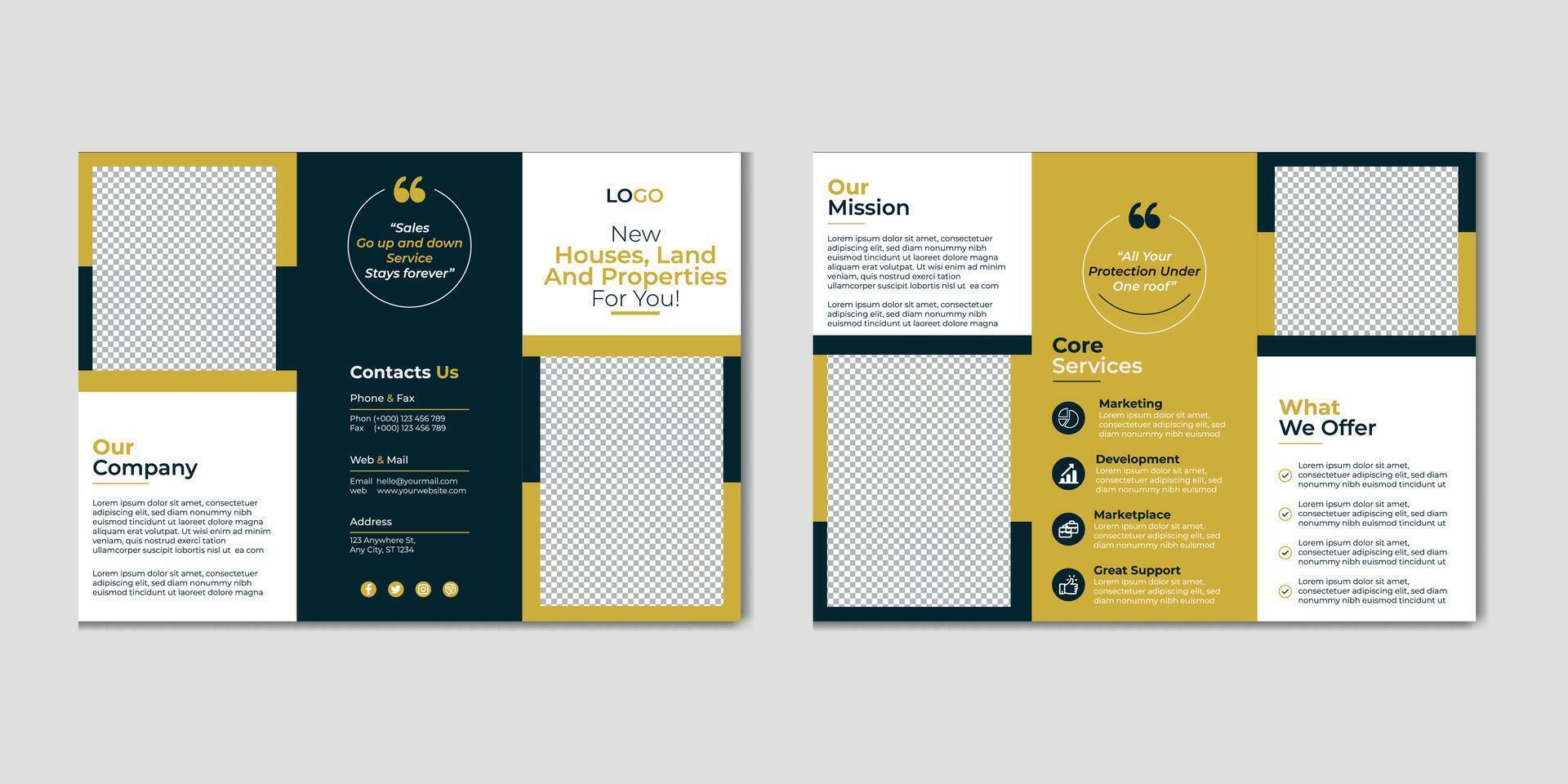 Real estate trifold brochure template design, Construction and renovation trifold brochure template or real estate brochure. Real estate trifold brochure template design vector