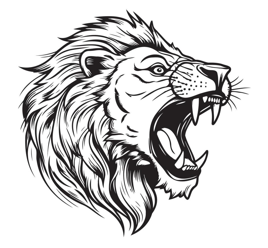 Roaring Lion face . Sketchy, graphical, black and white portrait of a lions head on a white background. Logo vector