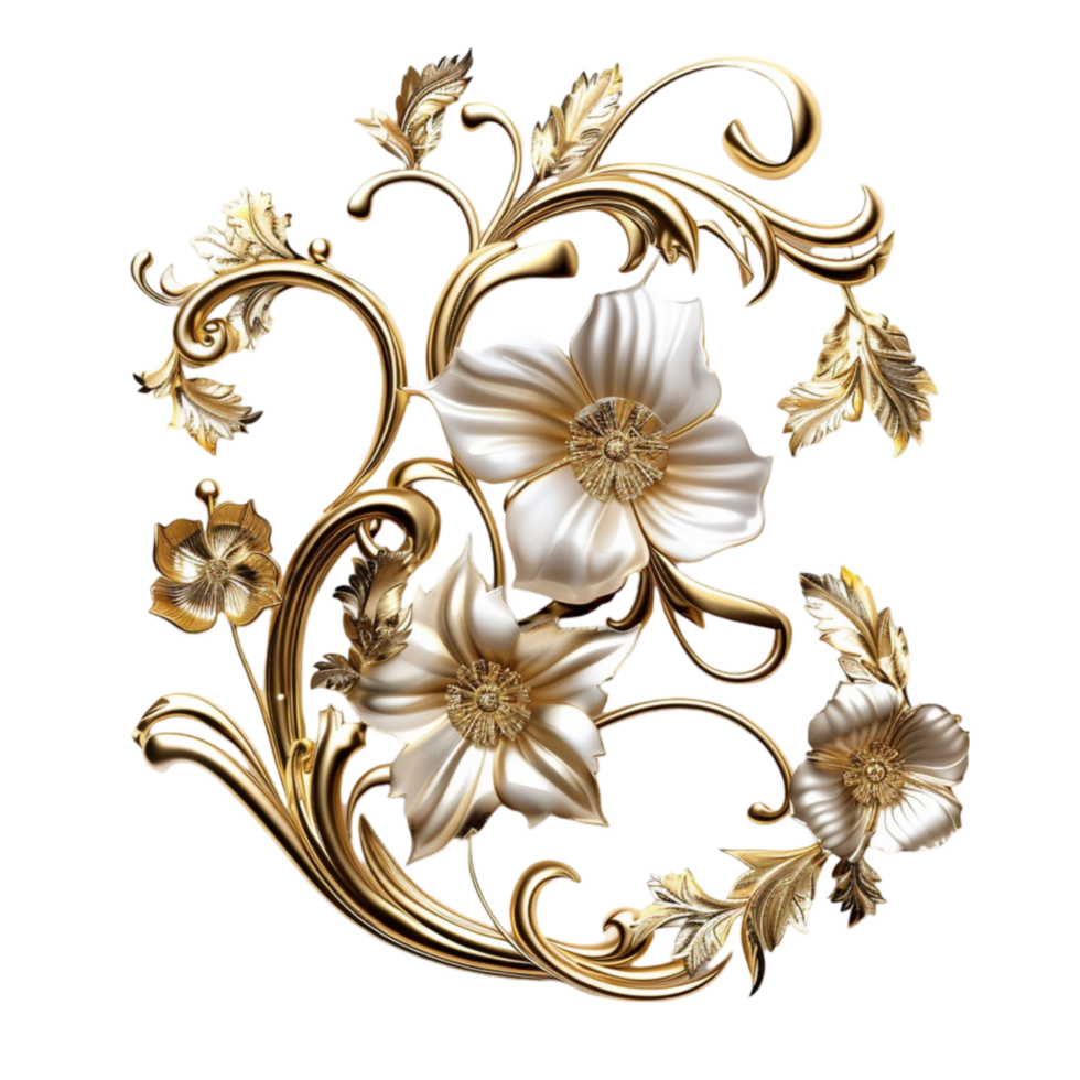 Elegant Gold Floral Design with White Flowers and Leaves on Transparent Background AI-Generative png