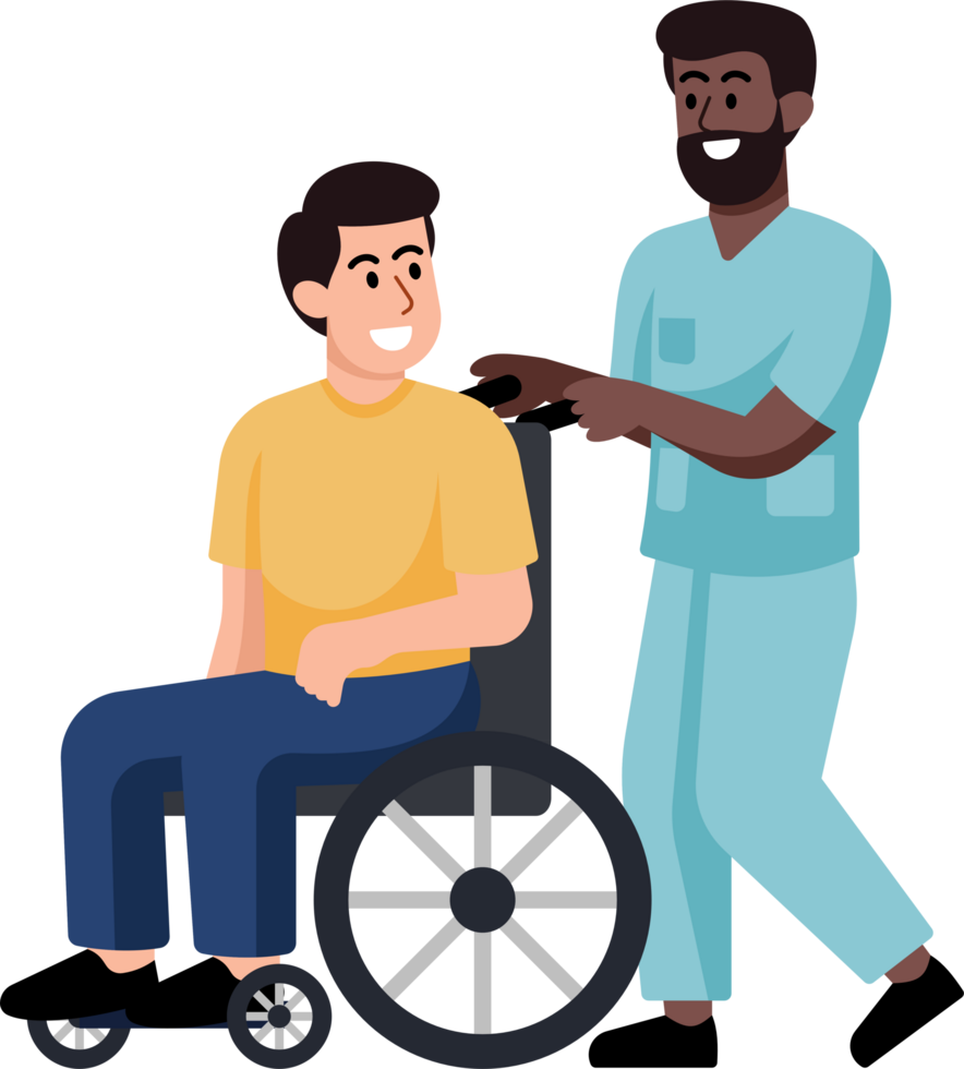 A man in a blue uniform is helping a man in a wheelchair png