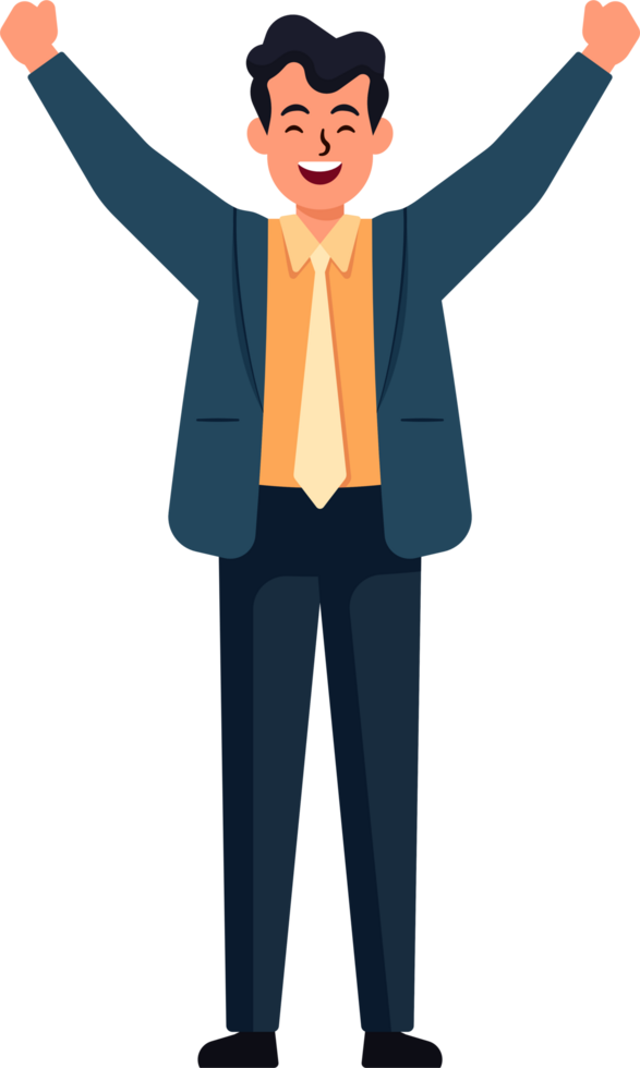 A businessman in a suit and tie is smiling and raising his arms in the air png
