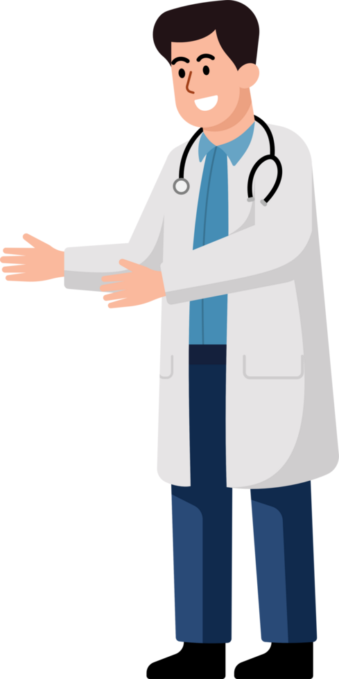 A smiling doctor in a white coat. flat style cartoon character. png