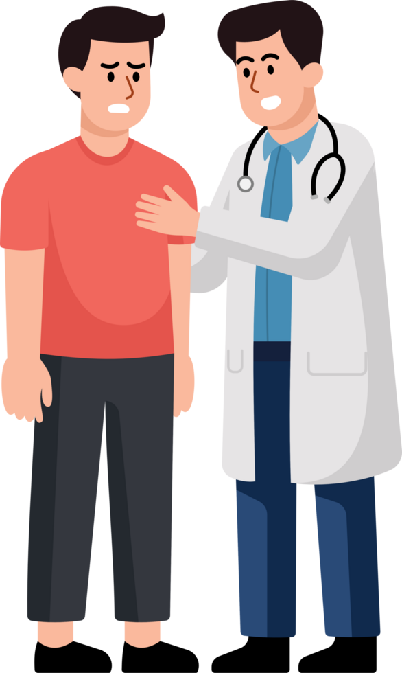 A man in a red shirt is being helped by a doctor. The doctor is wearing a white coat. png