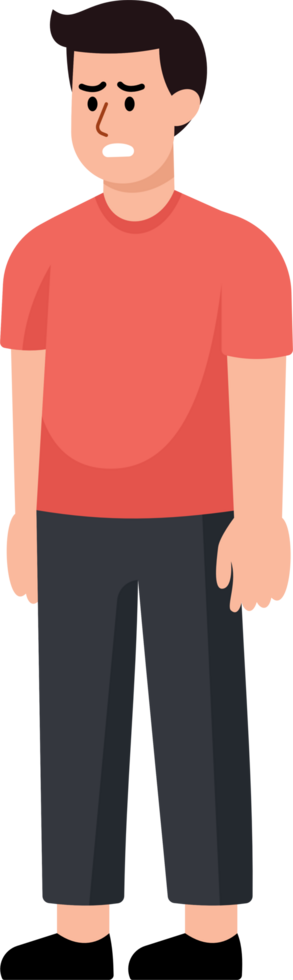 A man in a red shirt and black pants is standing. He is in a bad mood or feeling upset. png