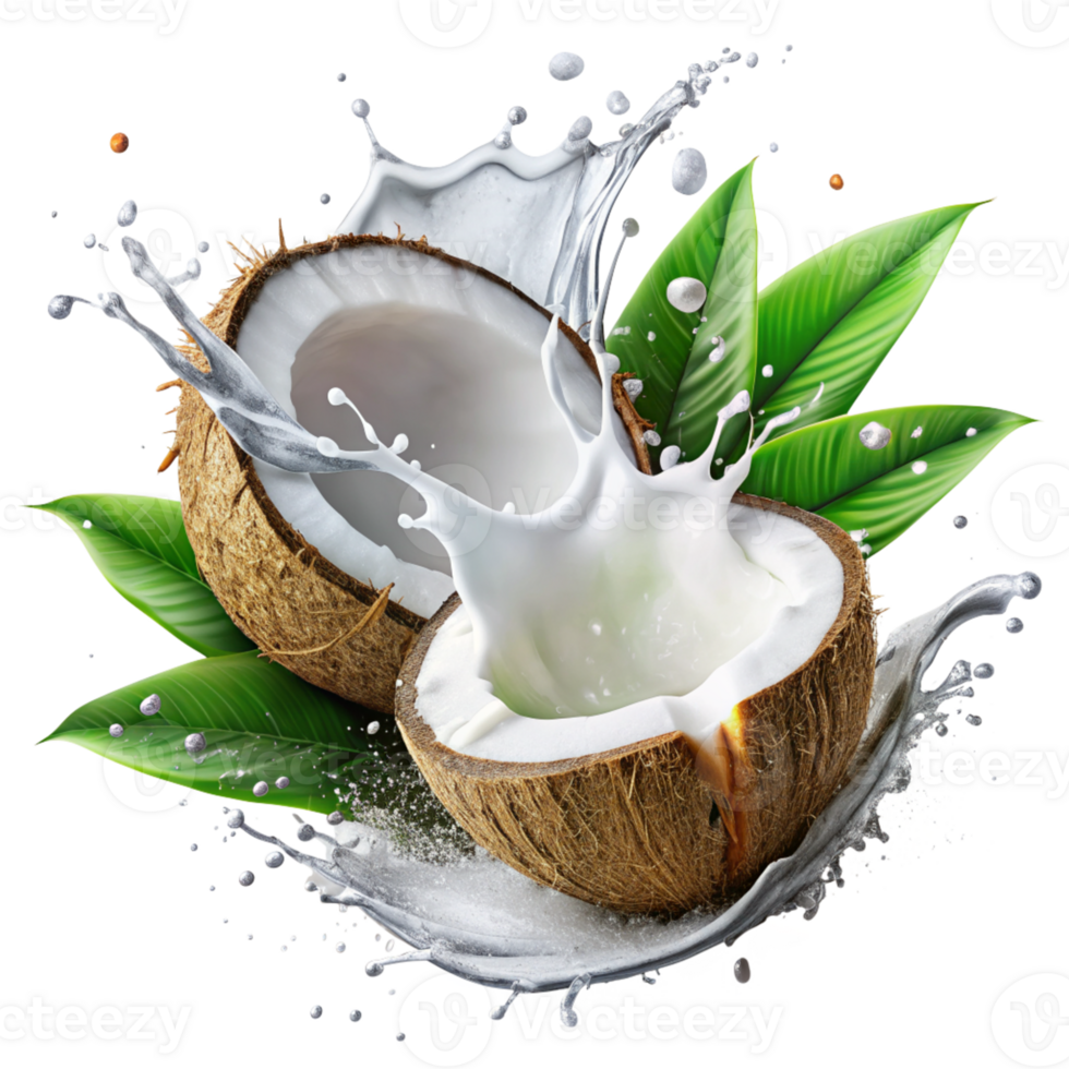 Fresh Coconut Cut in Half With Milk Splash png
