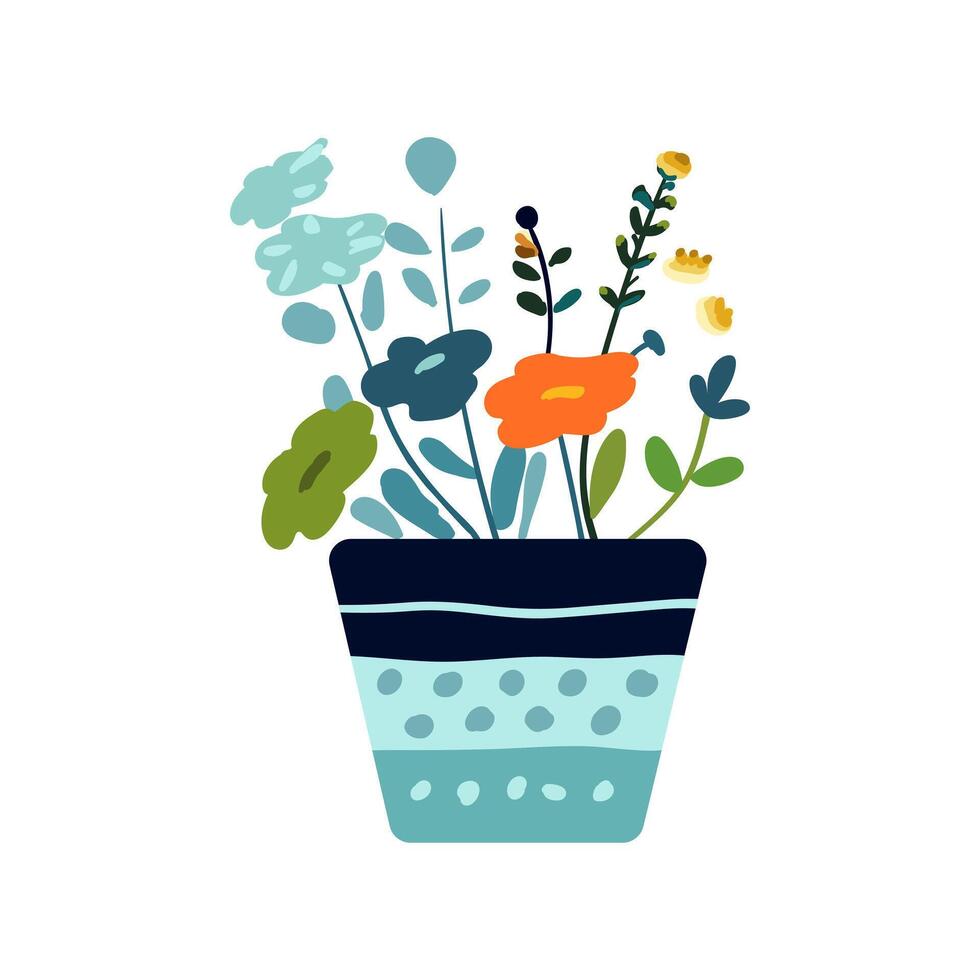 Isolated minimalistic delicate flowers in a pot in folk style vector