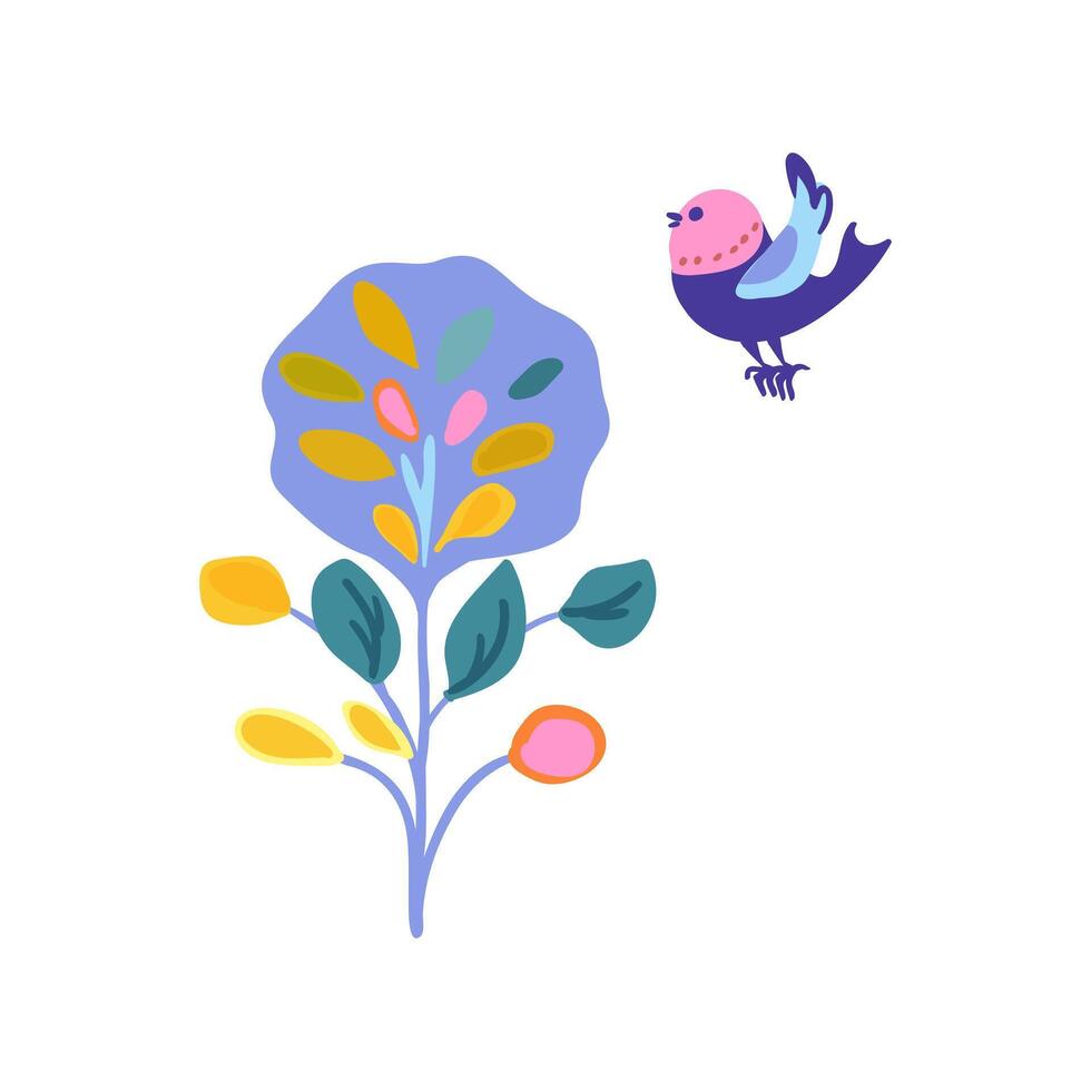 Lilac tree and bird in folklore style vector