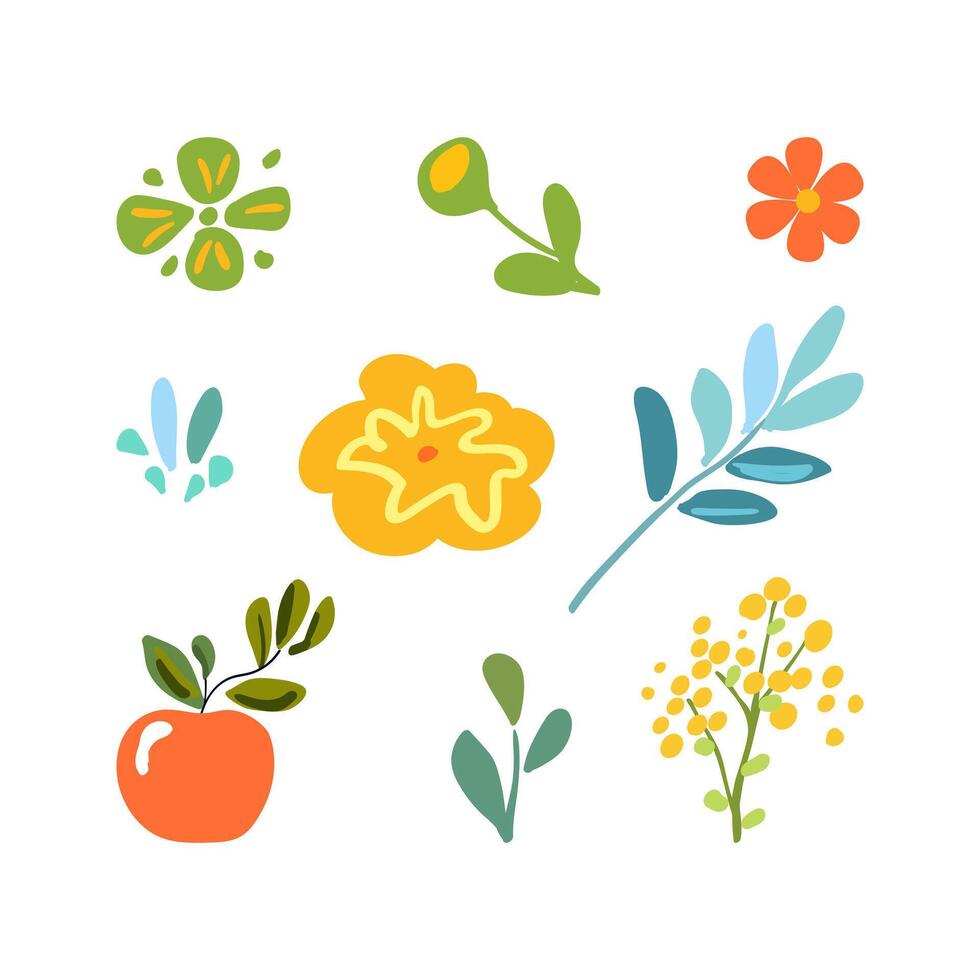 Set with Isolated Minimalistic Branches, Flowers, and Delicate Leaves vector