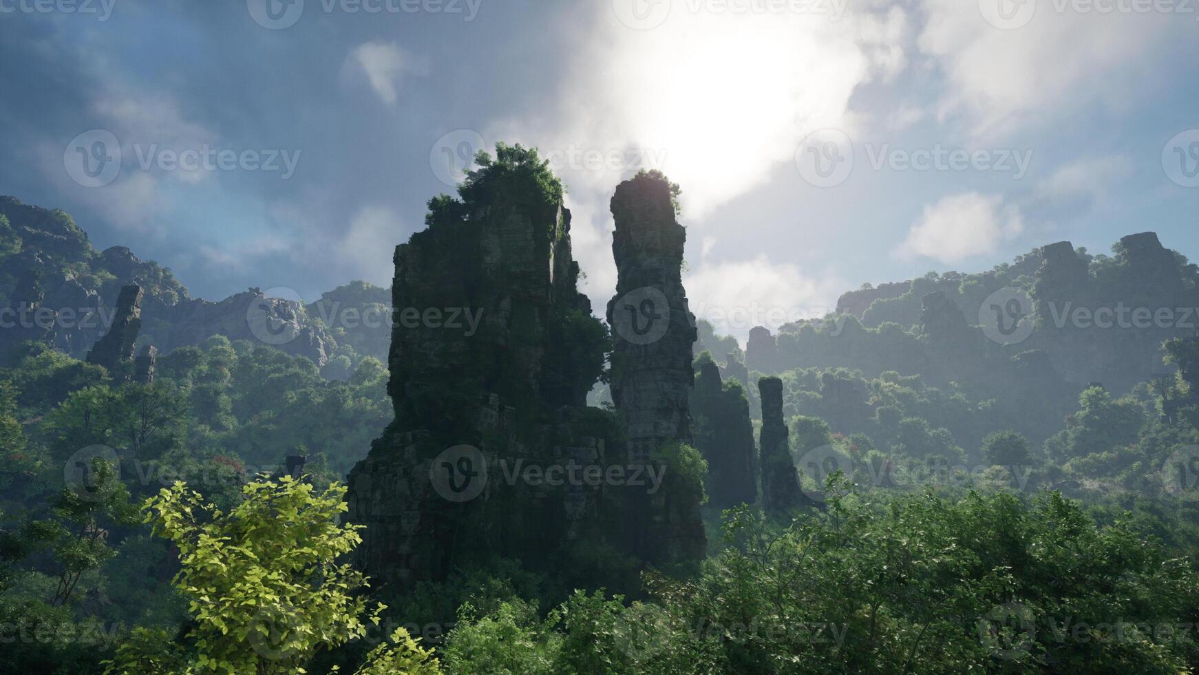 A dense forest with towering rocks and majestic trees photo