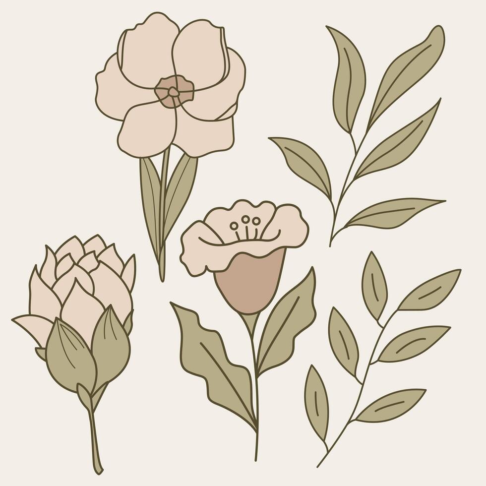 Set of 5 botanical elements featuring flowers and branches in pastel line-art, perfect for modern and elegant designs vector