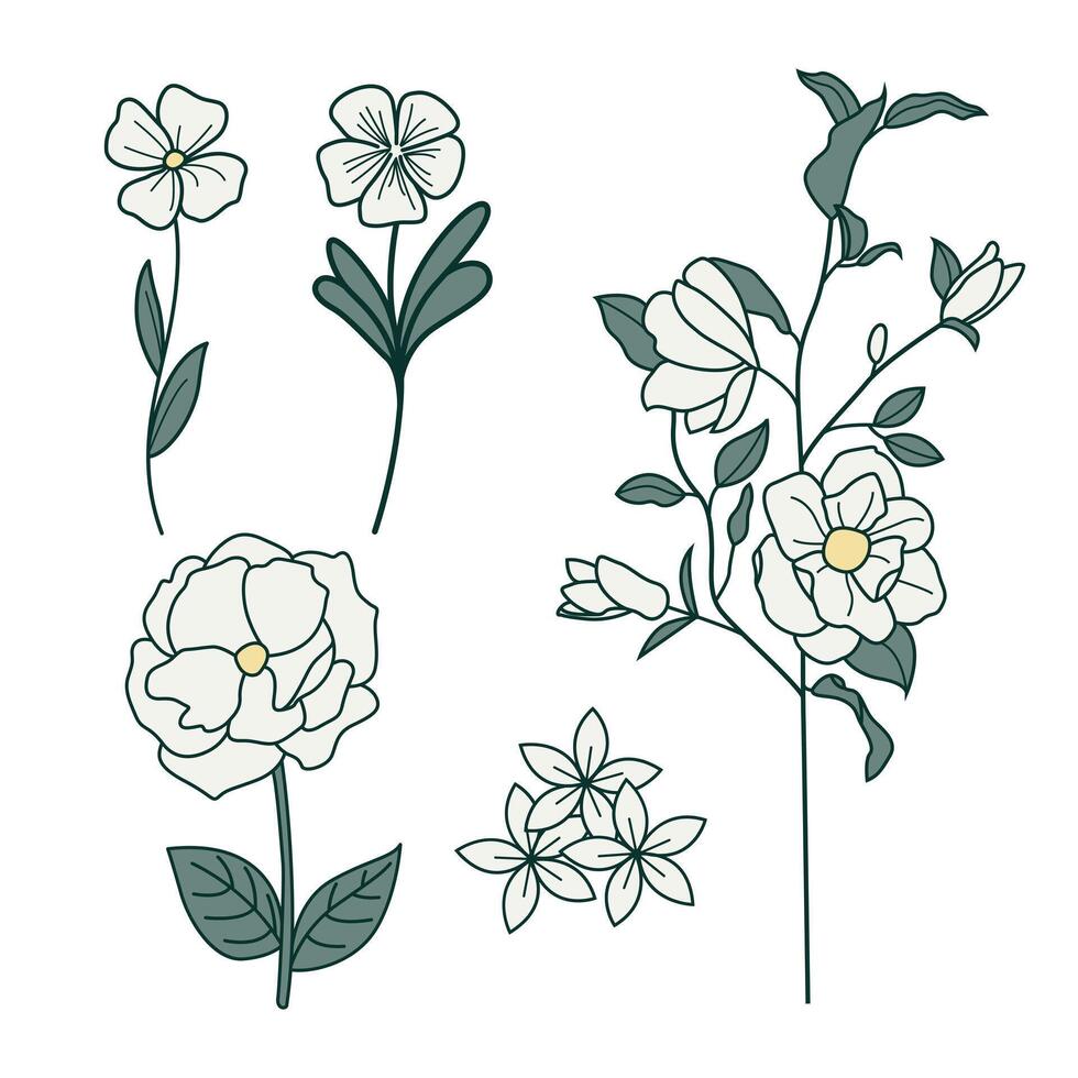 Set of 5 botanical elements featuring flowers and branches in pastel line-art, perfect for modern and elegant designs vector