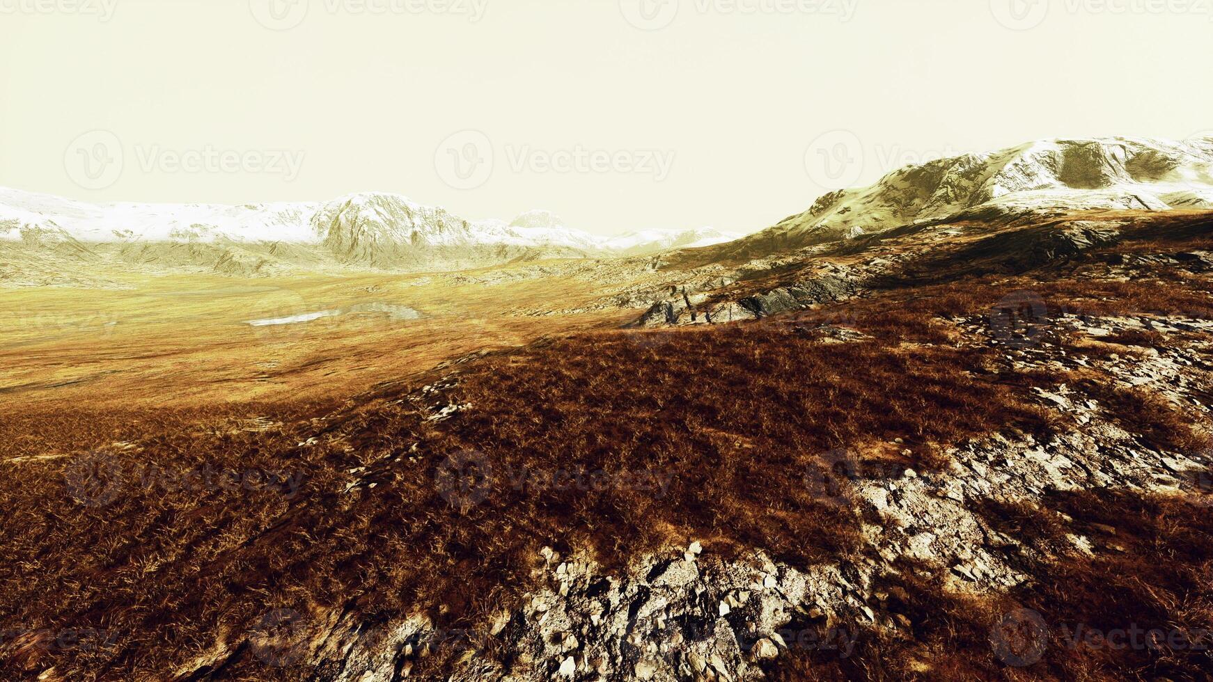 A snow-capped mountain surrounded by brown grass photo