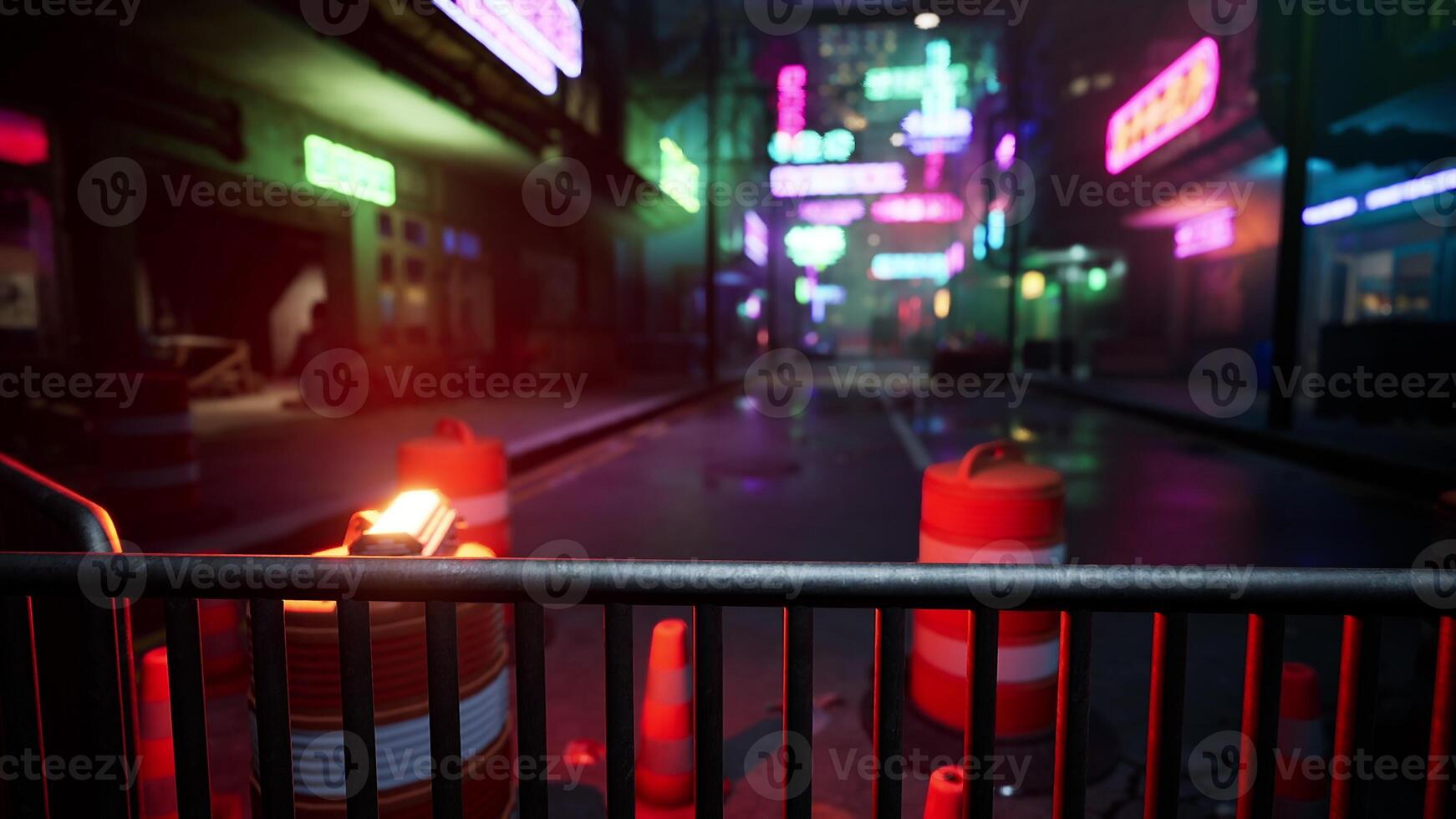 Soft blurred colorful light up Bokeh sign board along building in city nightlife photo