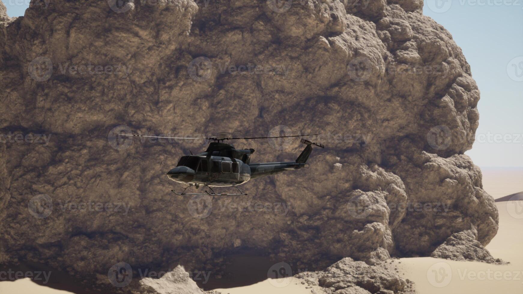 A helicopter flying over a large rock formation photo