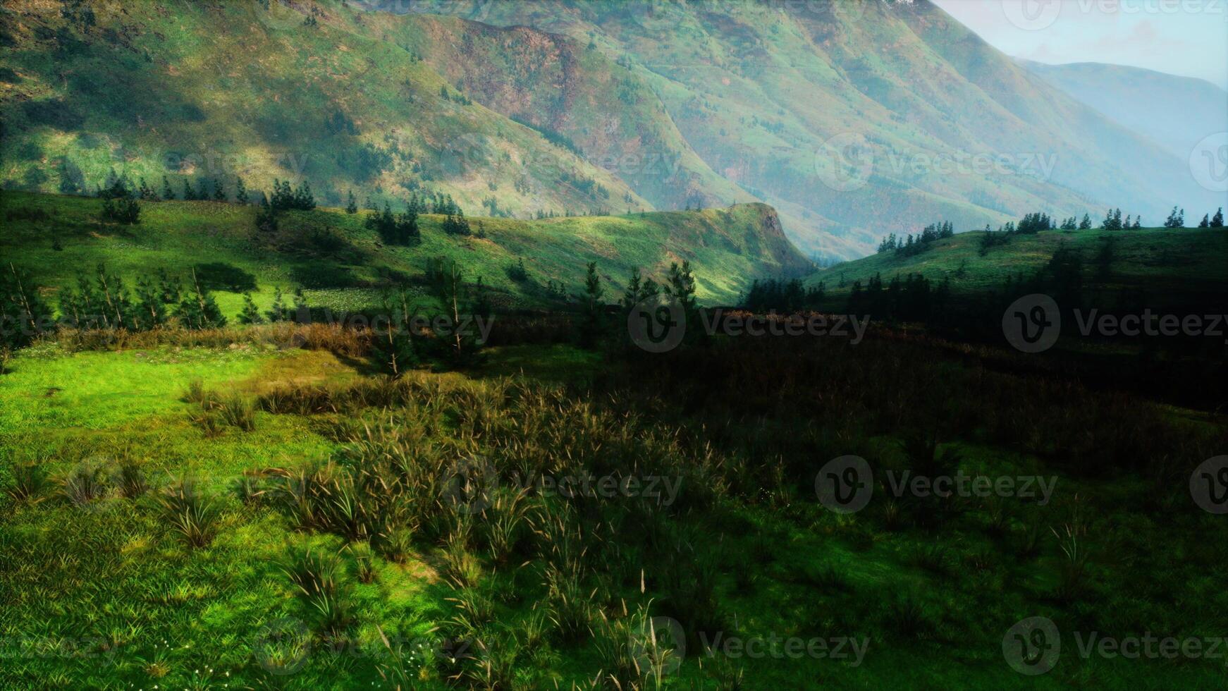 Serene Green Valley With Majestic Mountain Backdrop photo