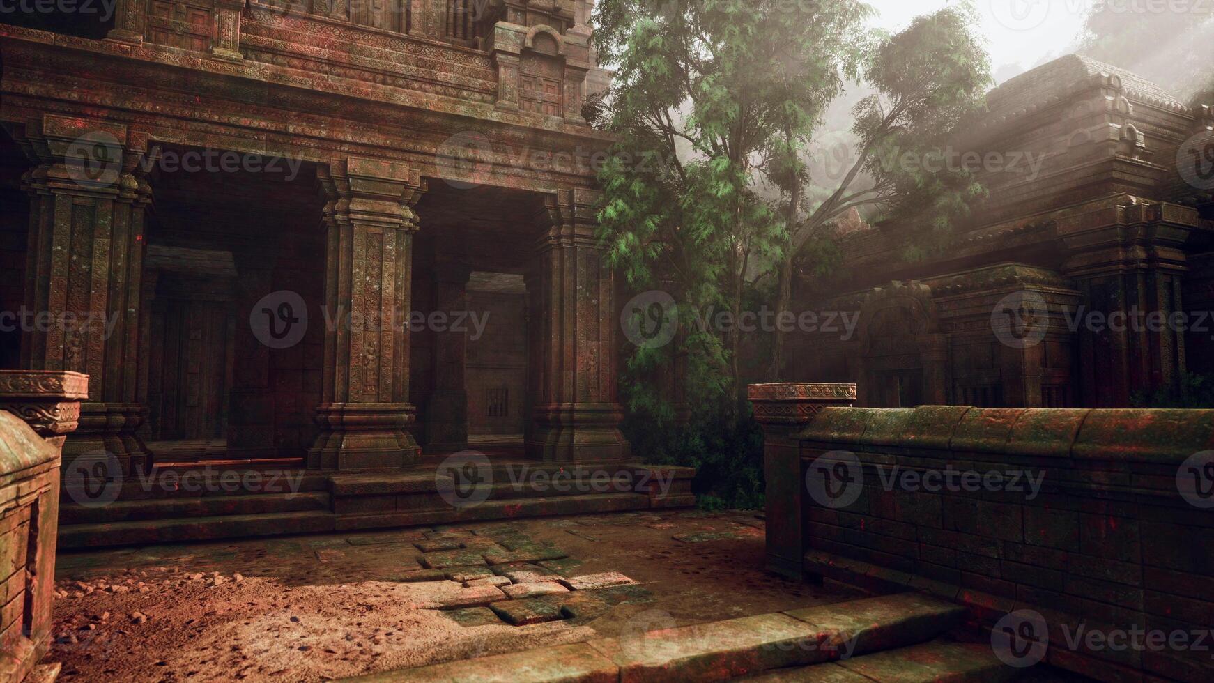 Ancient Temple Ruins Embedded in Dense Forest photo