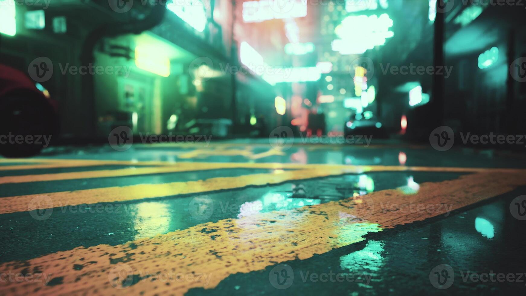 A wet street with a yellow line painted on it photo