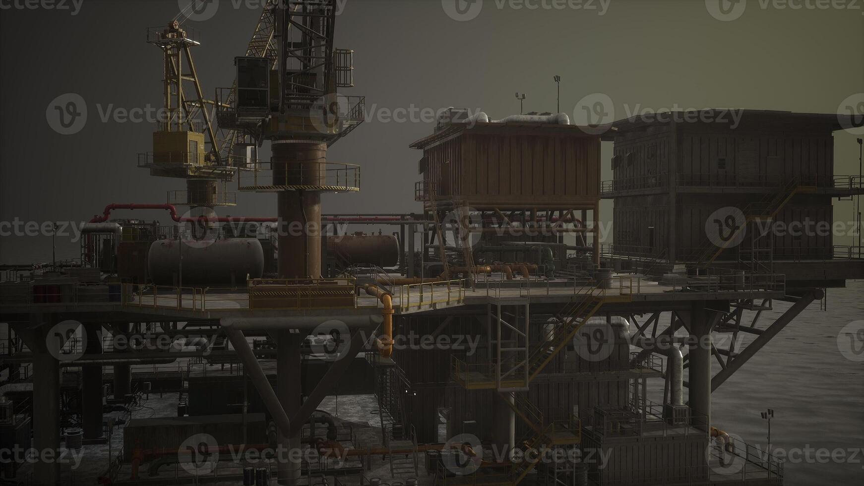 An oil rig floating on a vast ocean photo